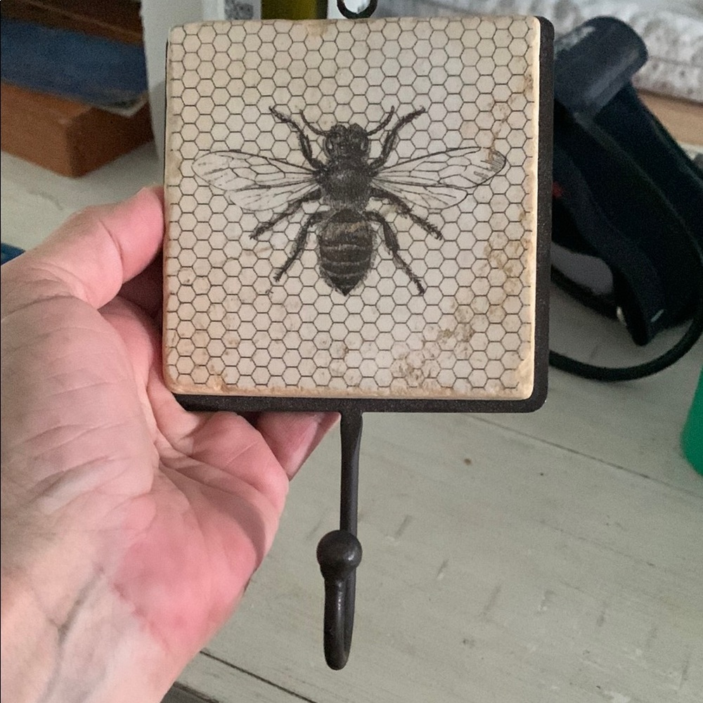 Black and Cream Rustic Wall Hook with Bee Design